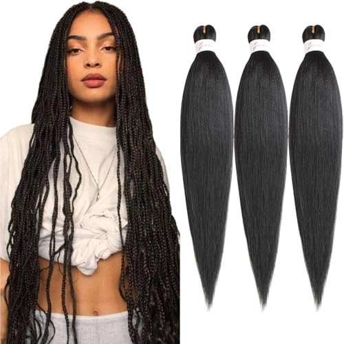 Xtrend 26 Inch EZ Braid 3 Packs Black Long Pre Stretched Braiding Hair Yaki Texture Braiding Hair for Crochet Hair Braids Hot Water Setting Synthetic Fiber Hair Extensions(3Packs,1B#)
