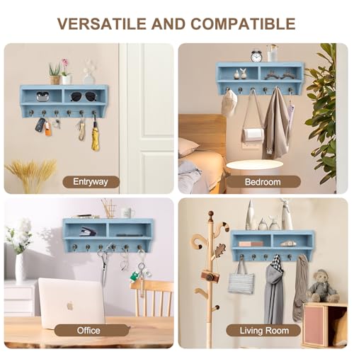 Image of Key Holder Wall Mount - Mail Organizer Wall Mount with 6 Key Hooks and Storage Box for Sunglasses Storage and Dog Leash Holder Home Decor Rack Apartment Farmhouse Shelf Entryway Organizer (Blue)