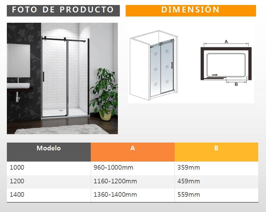 Mampara de ducha - Corredera - Vidrio Templado 8mm - Easyclean - Una hoja corredera Otra fija - Perfil de aluminio negro mate - Disponible en varios tamaños - 100x200cm