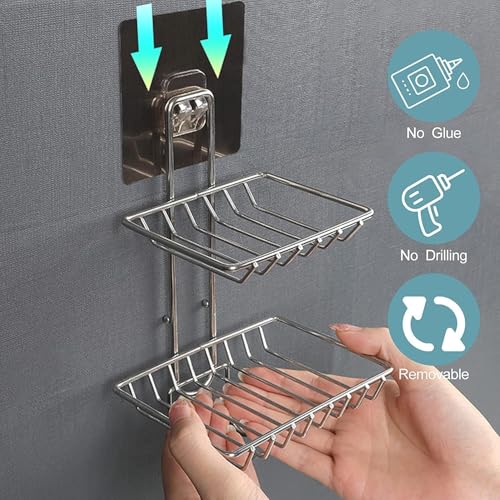 Image of Pack 2 New Creative Wall Mounted Double Layer soap Dish Holder|soap Dish Stand|Stainless Steel Wall Hanging Soap Storage Rack for Kitchen Bathroom-with Self Adhesive Magic Sticker(Set-2)