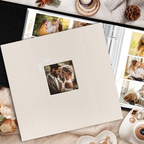 Lanpn Album photo Scrapbooking 30x30 cm, Lin avec fenêtre Tissu Classeur à 3 Anneaux Livre Photo 30 x 30 cm avec 30 Pochettes Plastiques 60 Pages (Beige) – vue 5
