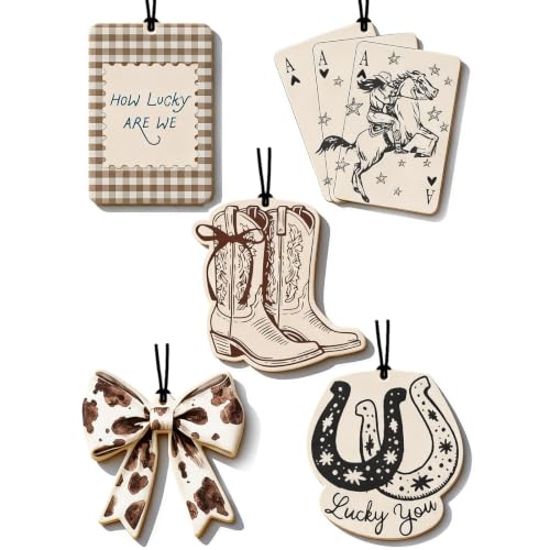 Image of Car Air Fresheners for Women, 5 Pack Western Cowgirl Hanging Car Freshener, Cute Car Accessories with Cow Print Bow, Cowboy Boots & Lucky Horseshoe, Rear View Mirror Ornament
