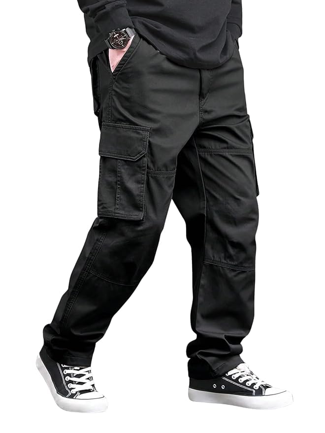 Image of Pure Cotton Cargo Pants for Men | Cargo Pant Man | Elastic Drawstring Waist Straight Fit Lower Pant | Multi-Pocket Utility Trousers for Men | Stylish Comfortable Casual Outdoor Bottom Wear