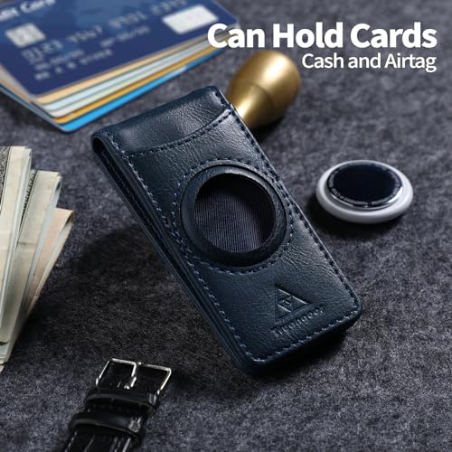 Image of Slim Magnetic Money Clip Wallet for Men with Airtag Holder & Elastic Band, Leather Card & Cash Holder for Men, Blue, Slim, Ultra Slim Design