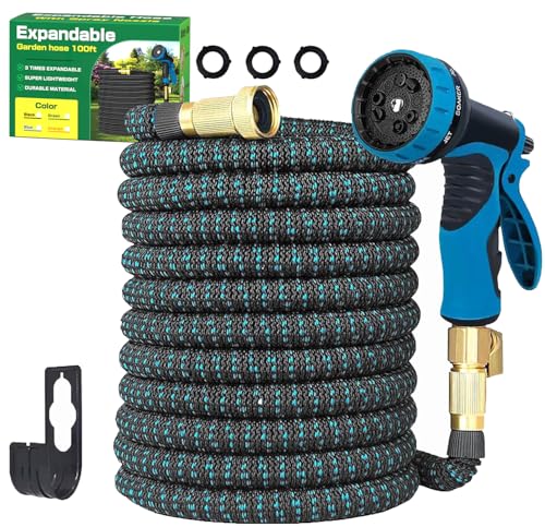 Tuyau d’arrosage de 30,5 m, tuyau d’arrosage extensible et résistant aux fuites avec raccords en laiton massif de 1,9 cm, tuyau rétractable avec 10 buses de pulvérisation fonctionnelles, tuyau