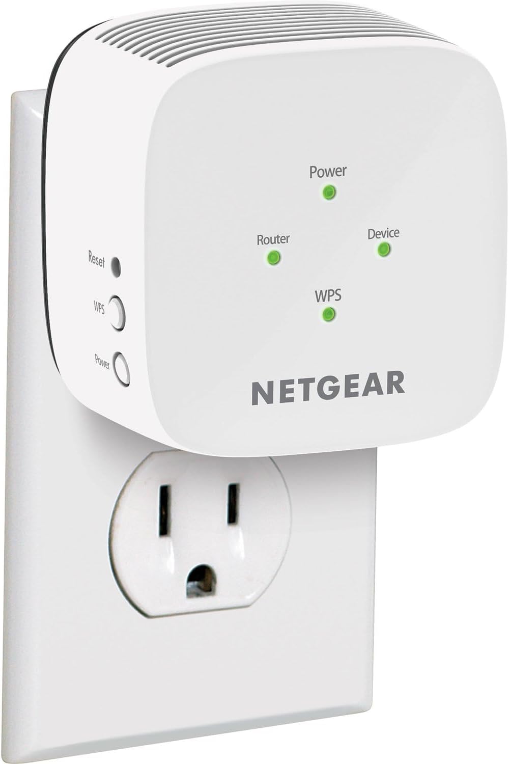 NETGEAR EX6110-100NAS AC1200 WiFi Range Extender plugged into an outlet