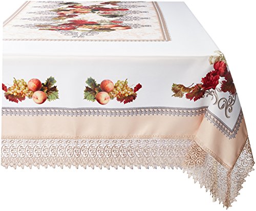 Violet Linen Decorative Printed Fruttela Tablecloth with Lace Trimming, Ivory - 70" X 105"