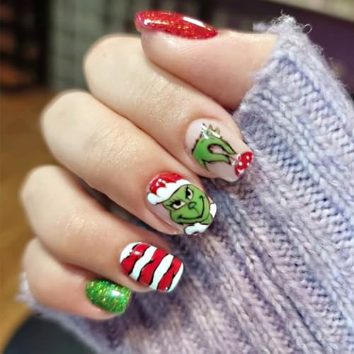Christmas Nails 24Pcs Short Press on Nails Christmas Fake Nails with Cute Green Monster Designs Full Cover Glitter Red Green Xmas False Nail Holiday Artificial Square Glue on Nail for Women DIY Nail