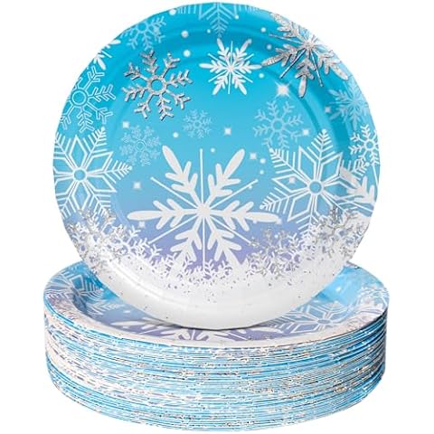AFZMON 50 Pack Frozen Party Plates Dessert Paper Dinnerware Plates, 7 Inch Winter Snowflake Theme Disposable Round Plate for Christmas Xmas Winter Wonderland Frozen-theme Party Supplies Cover