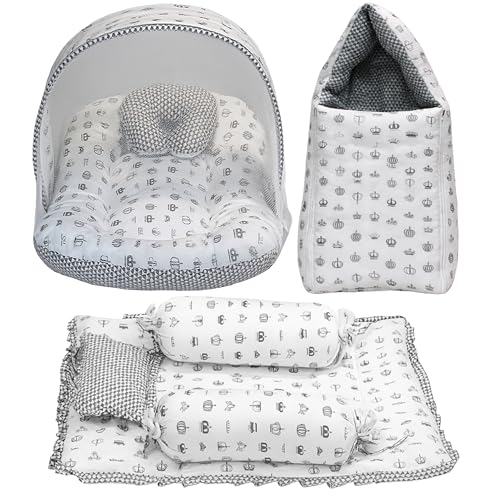 Image of Fareto Combo of Baby Bed with Net | Carry Bag | 4 Pcs Bedding Set (0-6 Months, Baby Size, Cotton) (Grey Taj)