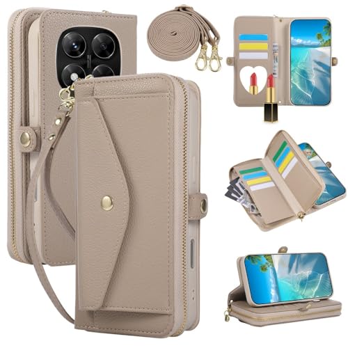 Étui portefeuille Xiaomi Redmi Note 14 Pro Plus en cuir kaki avec rabat et finitions zip