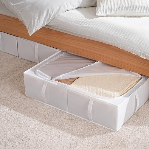 TYEERS Unterbett Aufbewahrungsbox mit Deckel, Strapazierfähiger Stoff, Waschbar, Zusammenklappbar, Boxen Aufbewahrung für Kleidung, Decken, Bettwäsche, Schuhe, 70x42x18 cm, 2er-Pack, Weiß