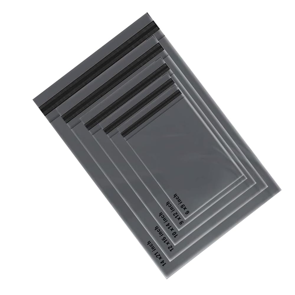 Aspect 50 Mailing Plastic Bag | Mixed Sizes (6x9, 9x12, 10x14, 12x16, 14x21) | Postal Self-Seal Closure Bags | Tear Proof, Adhesive Strip Grey Ideal for Shipping, Packaging Strong Seal