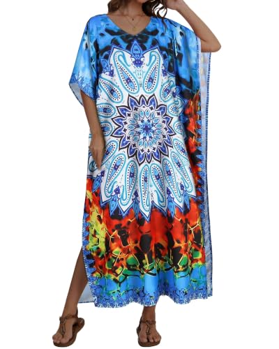 Image of Kaftan Dresses for Women V Neck Caftan Batwing Sleeve Swimsuit Cover Up | JILUVIN Plus Size Beach Swimwear Dress, Loose Fit Maxi Print Moomoo, Casual Mumu Nightgown Mrs Roper Costumes Vocation 2026