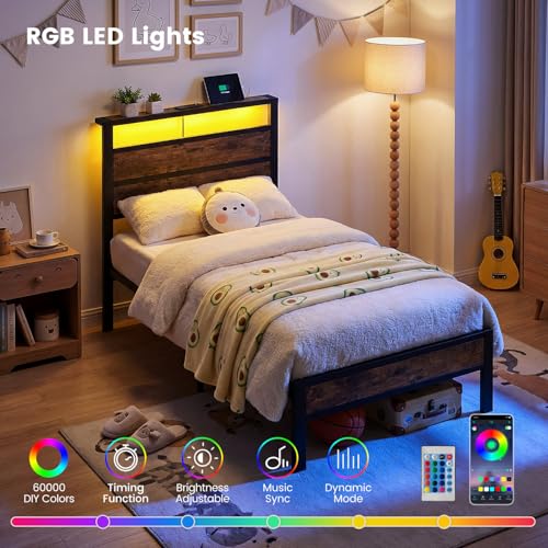 Image of Twin Bed Frame with LED Lights & USB Charging Station | Metal Platform Bed with Storage Headboard, Under Bed Space, Noise Free, No Box Spring Needed, Easy Assembly, Brown