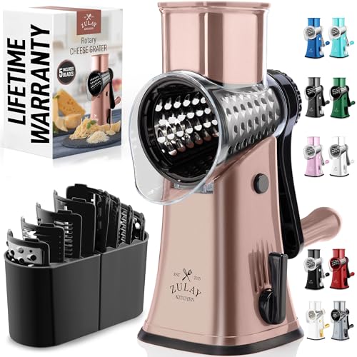 Image of Zulay Kitchen Rotary Cheese Grater 5 Blade Cheese Shredder - Manual Hand Crank Cheese Grater With Reinforced Suction & 5 Interchangeable Drums - Easy to Use, Vegetable Chopper Round Mandoline Slicer