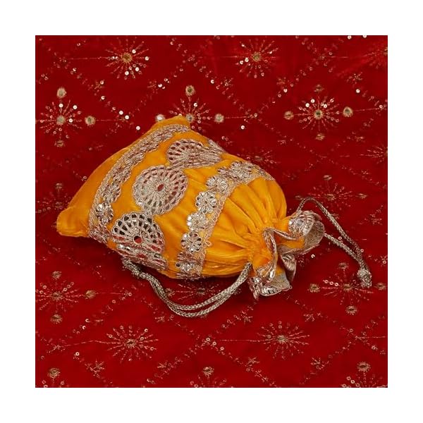 Dulhan DLC Foil Embroidery Velvet Potli set of 15 pc potli combo for marriage gifts in bulk for Wedding, 7x9 Inch Traditional drawstring pouch potli for dry fruits, Yellow Bridal potli bag for ladies. - Image 6
