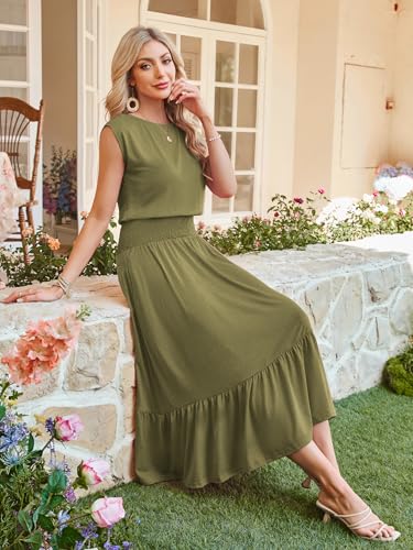 Image of Kikibell Womens Summer Dresses Cap Sleeve Elastic Waist Midi Dress with Pocket Long Causal Sundress Beach Vacation Outfits