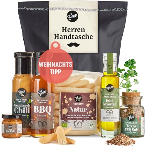Gepp’s Feinkost Herrenhandtasche I Lustiges Männergeschenk gefüllt mit Delikatessen wie Knoblauch-Chili-Sauce, Edelkräuter-Olivenöl, Texas BBQ Rub I...