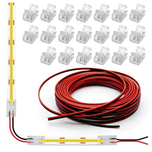 HAMRVL COB LED Connectors for 8mm 2 Pin COB LED Strip Lights, 20 Pack Strip to Wire Solderless Transparent Track Lighting Connector with 19.68ft/6M LED Extension Cable for 5V, 12V, 24V LED Tape Lights