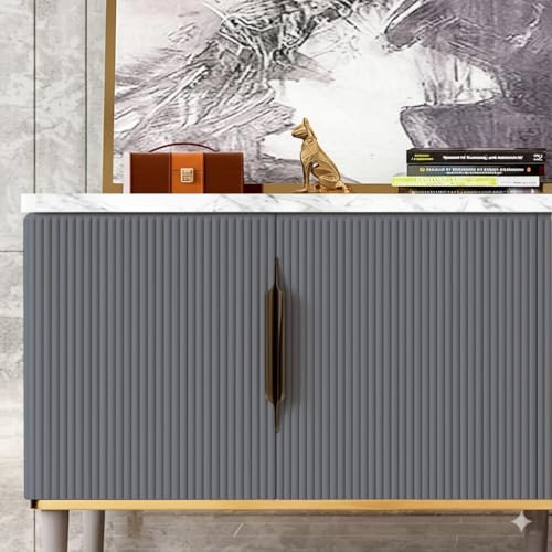Image of Sonic Console Table, White Marble Top, Charcoal Louvers, Gold Accents, 66 x 15 x 22 Inch, Modern Entryway Storage Cabinet, Waterproof Plywood, PVD-Coated Legs, Elegant TV Unit (Grey)