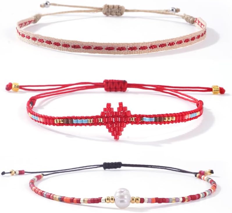 Boho Heart 3Pcs Stack Drawstring Woven Braided String Rope Seed Bead Bracelets for Women, Handmade Colorful Freshwater Pearl Adjustable Jewelry, Daily Vacation Party Holiday Friendship Gift