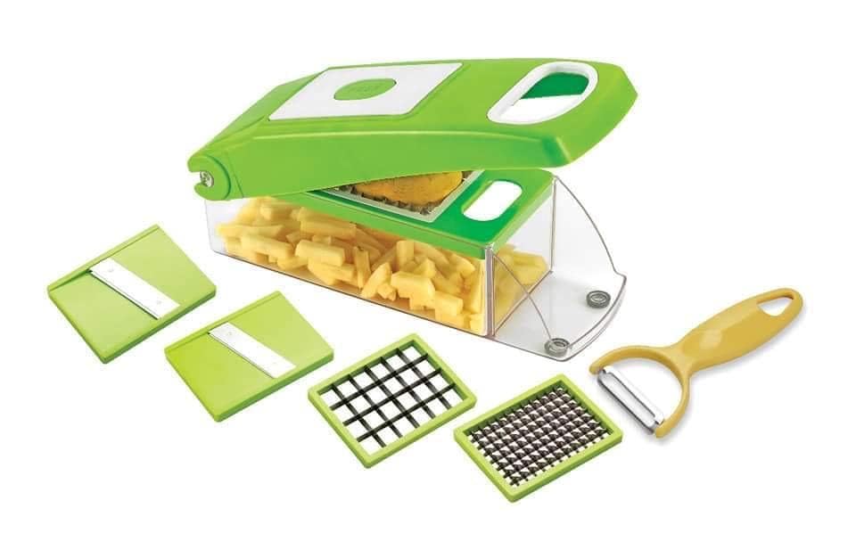 Image of Tekcool 5 in 1 Multipurpose Chopper, Fruits & Vegetable Cutters, Grater Peeler Chipser, Unbreakable Food Grade Body, Easy Push to Clean Button Slicer Dicer, Chopper for Kitchen (Green, Plastic)