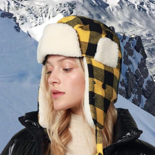 Image of Buffalo Plaid Winter Trapper Hat, Sherpa Lined Ear Flap Hunting Cap Men