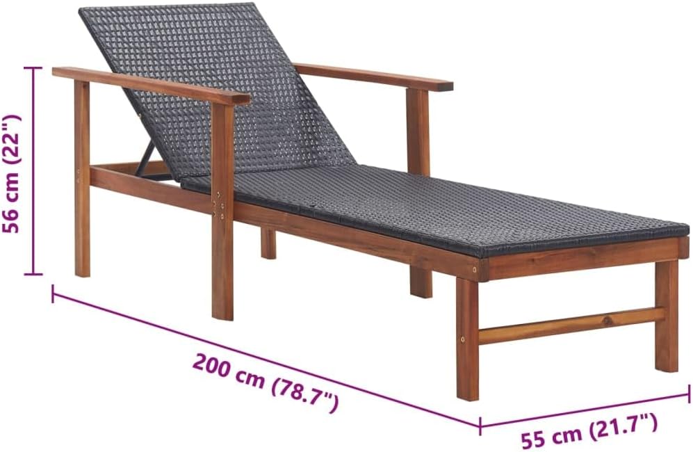 Sun Lounger,Backyard Chaise,Napping Loungers,Comfortable Loungers,Portable Loungers,Patio Lounge Chair,for Outdoor Sunbathing,Patios,Pools,Lawns,Poly Rattan and Solid Acacia Wood Black