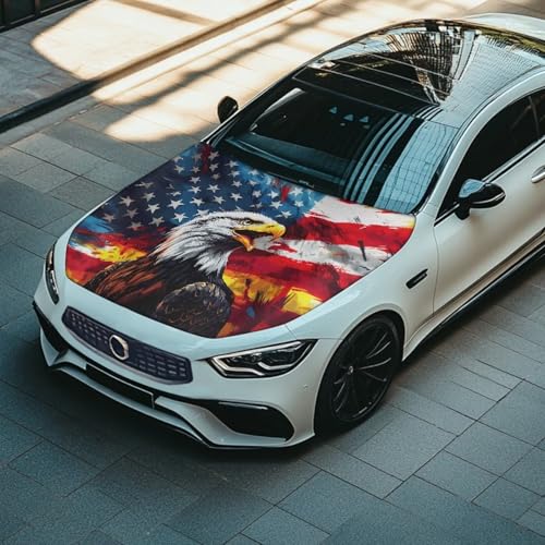 Image of American Flag Eagle Print Car Hood Cover Protector Waterproof Sunproof Car Hood Wrap Blankets Patriotic Decorations Automotive Exterior Accessories for Sedans SUV Pickup Trucks