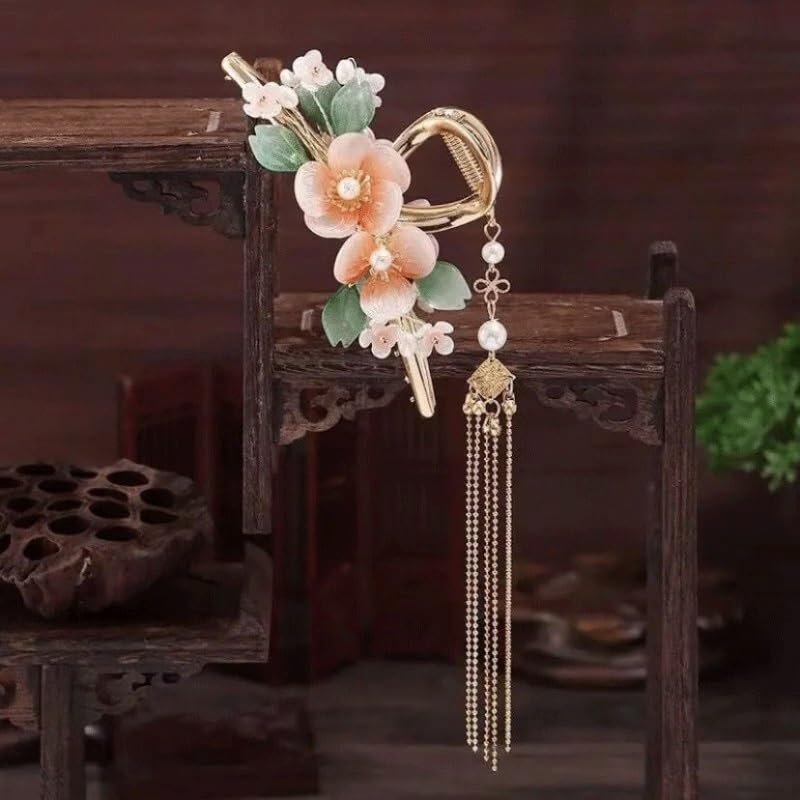 Ancient Flower Tassel Hairpin Hair Claw Clip Metal Winding Pearl Retro Accessory