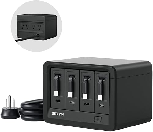 Gitryin Estación de carga de escritorio 12 en 1 con 4 cargadores de pared retráctiles tipo C, regleta de alimentación USB-C de 40 W con enchufe