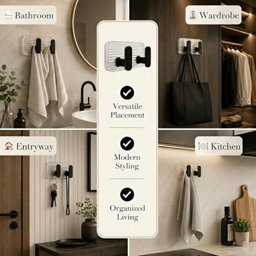 Image of SIGNAMIO 8 Hook Self Adhesive Wall Hooks for Wall Heavy Items, Adhesive Wall Hook, Wall Hooks for Hanging Clothes, Kitchen & Bathroom Accessories, Stick On Hooks for Wall Without Drill -Black