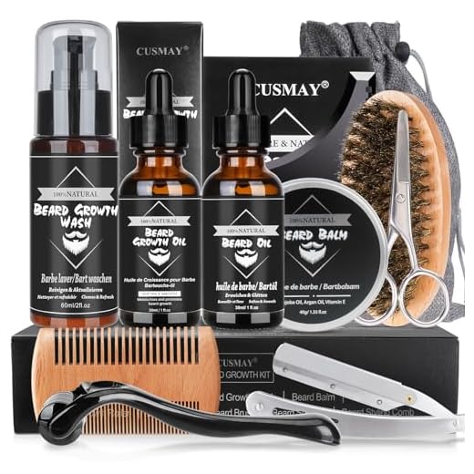 Kit Barba Cuidado para Hombres, Kit Cuidado Barba Hombre Completo con Champú Barba, Aceite Barba, Bálsamo, Afeitadora, Rodillo, Cepillo, Peine, Tijeras, Bolsa de Viaje, Regalos para Papá, Novio
