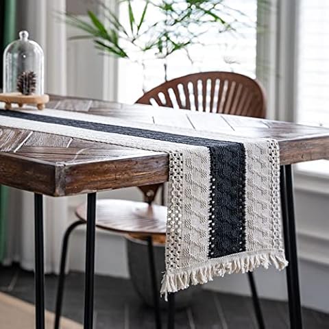 Macrame Table Runner, Burlap Splicing Table Runner Farmhouse Cream Table Decor for Dining Room Kitchen (Black Middle,30×220cm) Cover