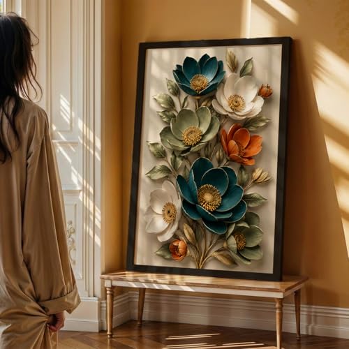 Image of NoWorries 3D Floral Wall Painting with Frame Set of 1 | Premium Textured Teal White Orange Flower Artwork, Luxury Botanical Nature Wall Decor for Living Room, Bedroom, Office and Home Decoration (3d Art-13,13x19inch)