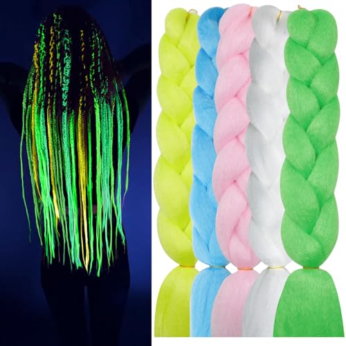 Christmas Colorful Braiding Hair Glow in Dark Hair Extensions Jumbo Braidis Hair 5PCS Luminous Rainbow Braids Hair for Braids Mult Colored Glow in the Dark Braiding Hair