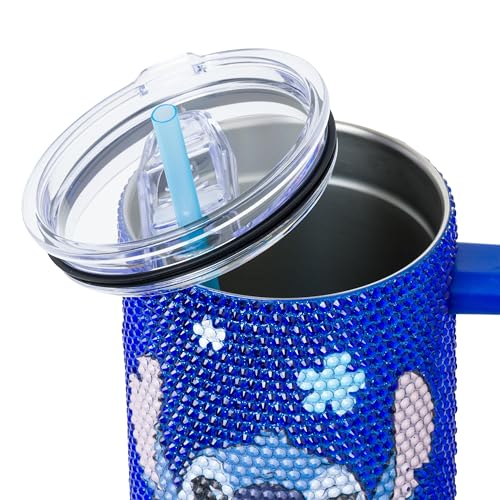 Image of Silver Buffalo Disney Lilo & Stitch Wink Face Stainless Steel Tumbler, 40oz | Disney, Blue, 1.2 Liters, Double-Walled, Handle, Straw, Straw Cap, Rhinestone Finish