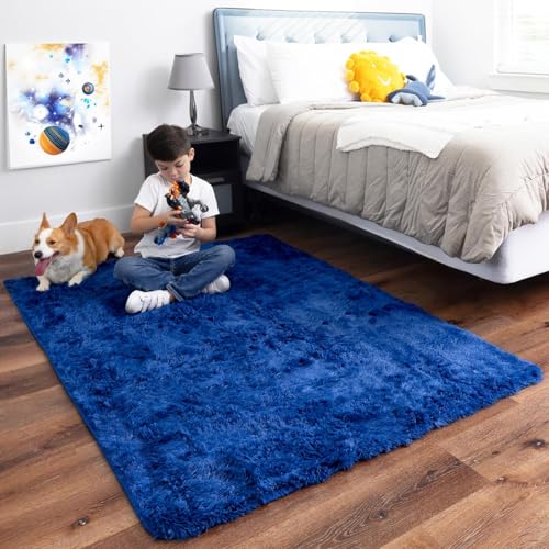 image for Ophanie Upgrade 4x6 Blue Rugs for Bedroom, Dark Blue Fluffy Shaggy Sof