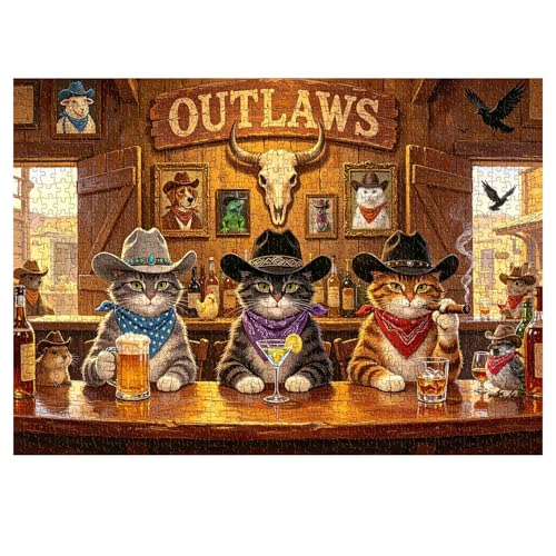 Vintage Saloon Cats Puzzles para adultos 1000 piezas, divertido rompecabezas de gato vaquero del oeste, escena de bar del viejo oeste, tema desafiante para amantes de gatos