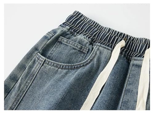 Men's Drawstring Straight Jeans, Solid Color Loose Wide-Leg Pants, Blue Multi-Pocket Hip-Hop Jeans3