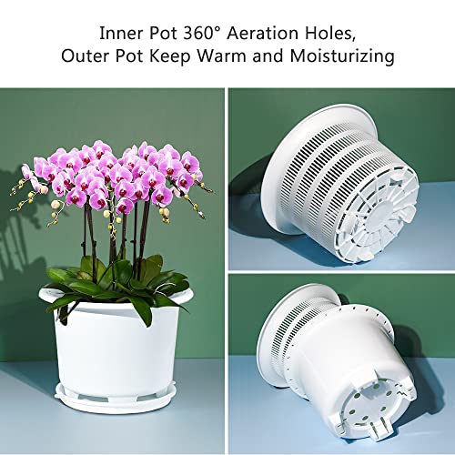 Meshpot 8 Inch Orchid Pots With Holes And Saucers,Double Layer Plastic Large Orchid Planter Pot,Flower Pots For Indoor Outdoor Flower Plants,Orchids,Herbs,Snake Plants And Succulents #TOP1