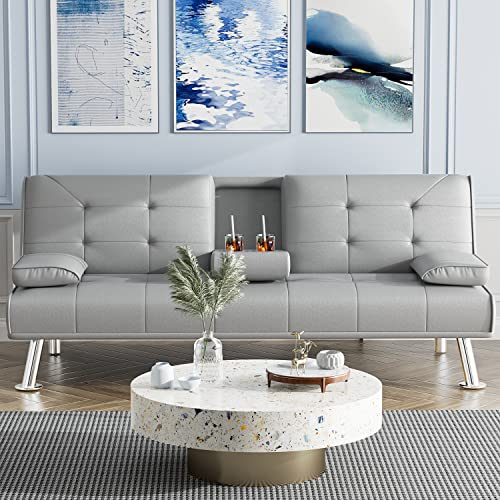 Yeshomy Futon Sofa Bed Modern Faux Leather Convertible Folding Lounge Couch For Living Room With 2 Cup Holders, Removable Soft Armrest And Sturdy Metal Leg, Dark Gray #TOP1