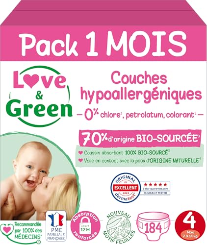 Love & Green - Couches Bébé Saines et Ecologiques - Taille 4 (7-14 Kg) - Pack 1 Mois (184 Couches) - Absorbante, anti-fuites et sans ingrédients indésirables