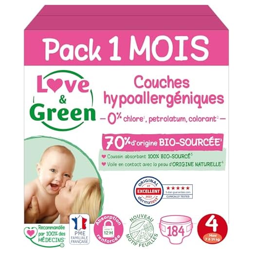 Black Friday tout pour Bébé Jusqu'à - 55% de réduction sur une sélection de produits 6 Love & Green Couches Taille 4 (7-14 Kg) - Pack 1 Mois (184 Couches)