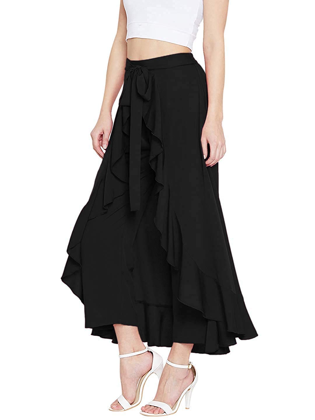 Tivicay Women's Solid High Rise Crepe High Rise Ruffle Flared Palazzo Overlay Pant Skirts (D-M-20101) (Black)