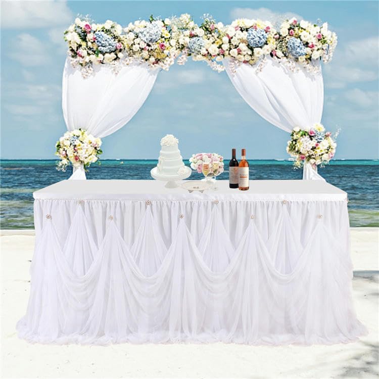 6/9FT * 77 cm falowany puszysty tiulowy spódniczka tutu z zawieszką ze strasu, szyfonowy obrus na wesela, baby shower, plisowany obrus