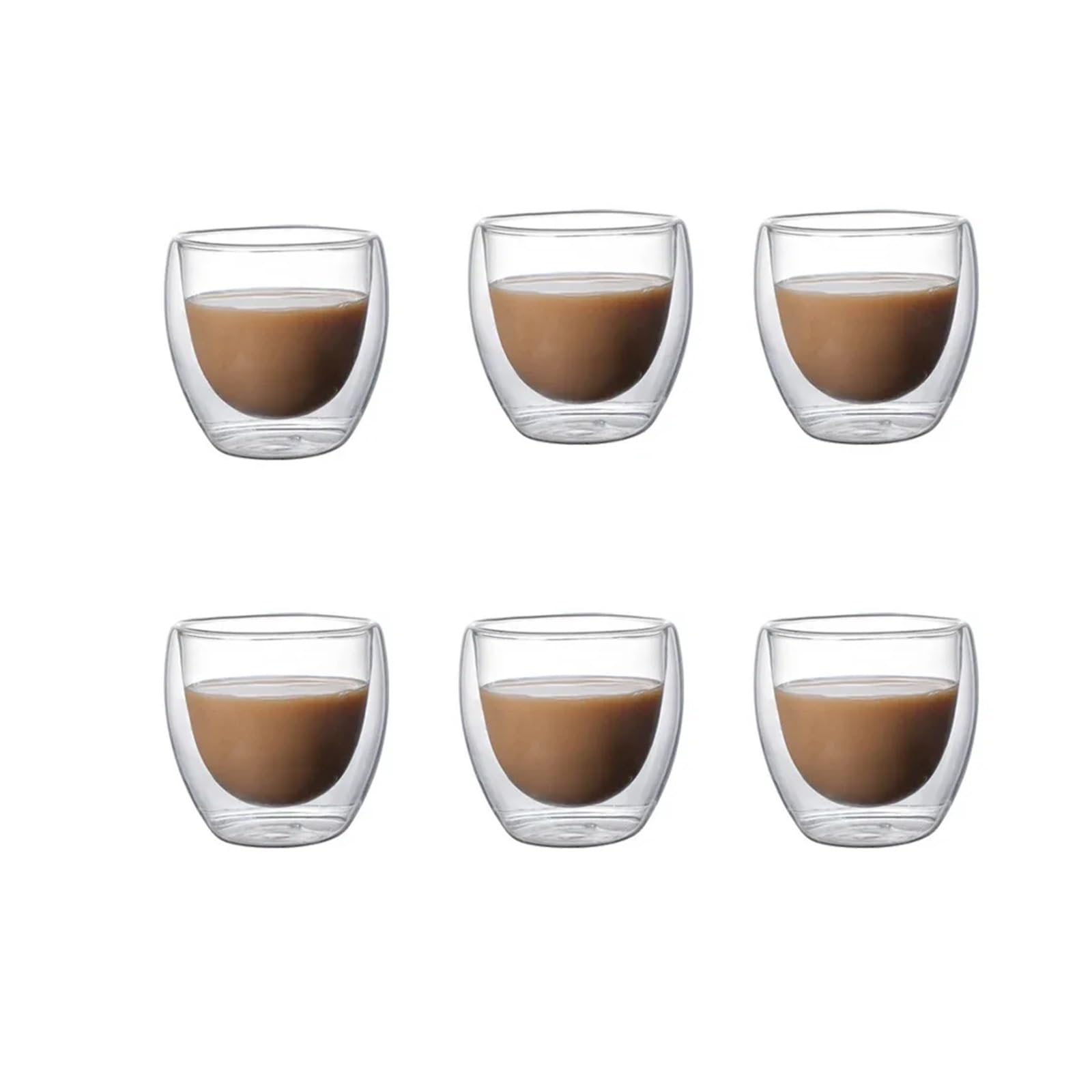 Zestaw 6 przezroczystych szklanych kubków do kawy z podwójnymi ściankami, 5 rozmiarów, izolowanych filiżanek, szklanek do mleka, soku, wody, espresso (80 ml)