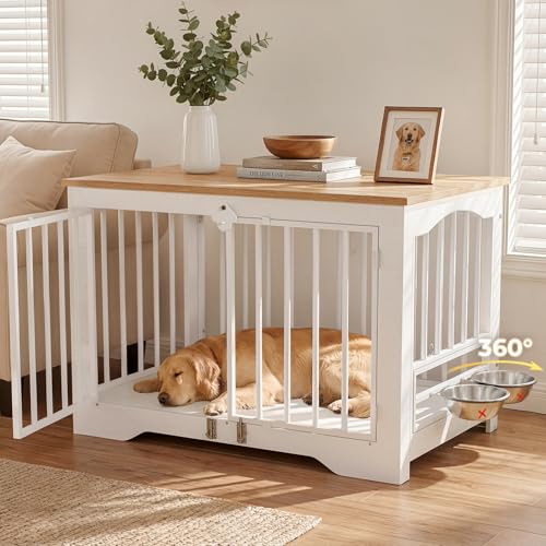 Furlodge Dog Crate Furniture 38in Wooden Indoor Pet Kennel End Table with 360 Degree Rotating Feeder Door Secure Double Latches and Solid Base for Medium Dogs Natural and White