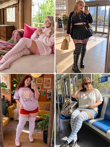 Image of Moon Wood Plus Size Thigh High Socks for Women Knit Cotton Extra Long Striped Over the Knee High Socks Leg Warmers
